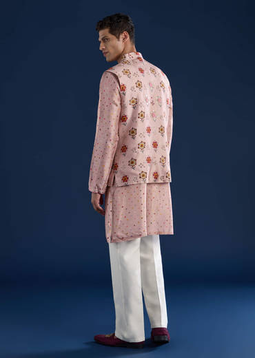 Pink Silk Jacket Kurta Set with Zari Embroidery