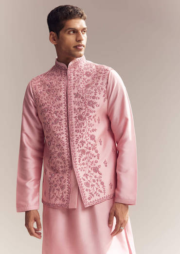 Pink Silk Kurta Jacket Set For Men With Moti Embroidery