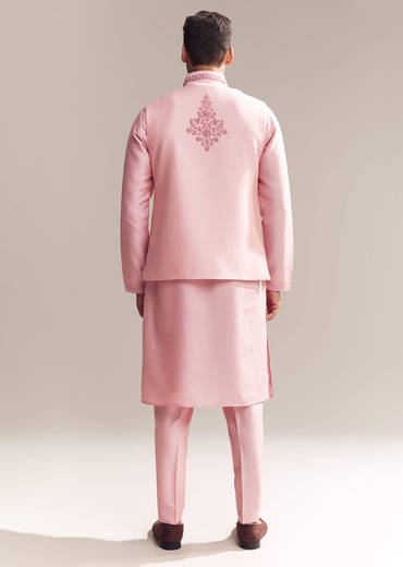 Pink Silk Kurta Jacket Set For Men With Moti Embroidery