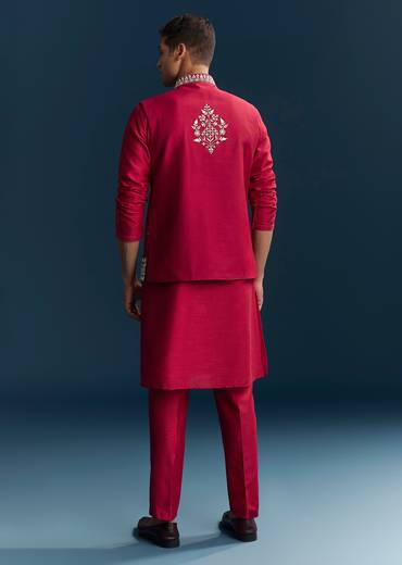 Pink Silk Kurta Jacket Set With Thread And Mirror Work