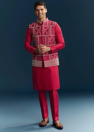 Pink Silk Kurta Jacket Set With Thread Detail Work