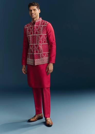 Pink Silk Kurta Jacket Set With Thread Detail Work