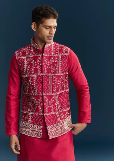 Pink Silk Kurta Jacket Set With Thread Detail Work