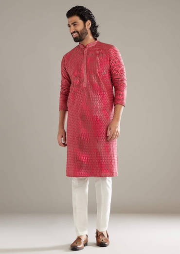 Pink Silk Kurta Set For Men With Floral Print
