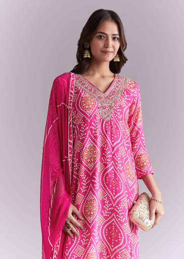 Pink Silk Kurta Set With Bandhani Print And Embroidery