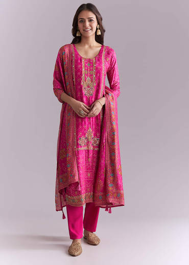 Pink Silk Kurta Set With Bandhani Print