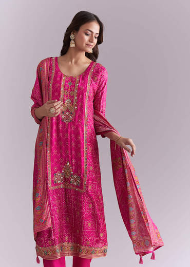 Pink Silk Kurta Set With Bandhani Print
