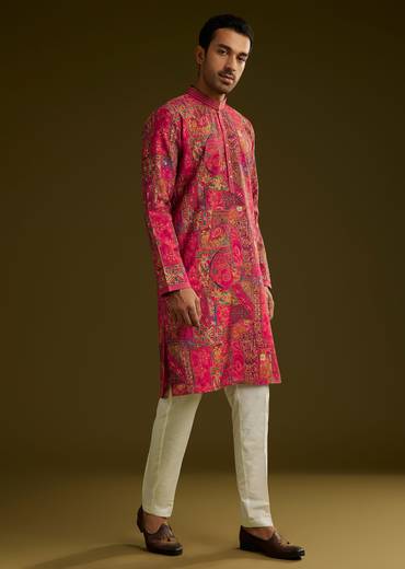 Pink Silk Kurta Set With Floral Abstract Prints