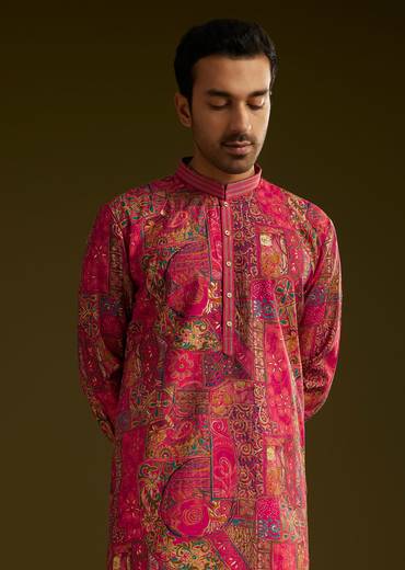 Pink Silk Kurta Set With Floral Abstract Prints