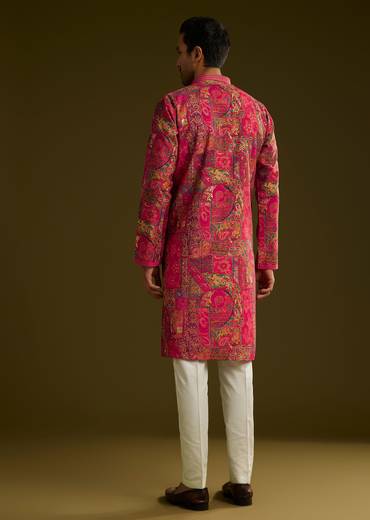 Pink Silk Kurta Set With Floral Abstract Prints