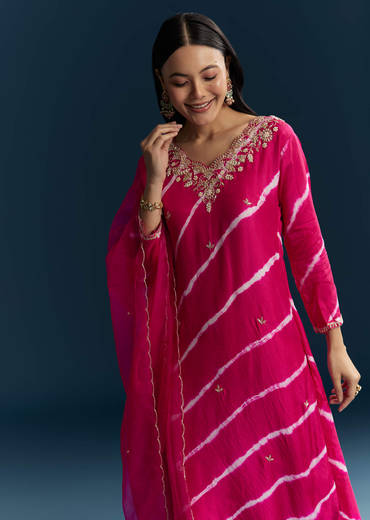 Pink Silk Kurta Set With Leheriya Print And Embroidery