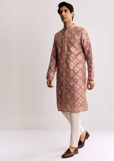 Pink Silk Kurta Set With Mirror Geometric Print
