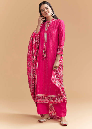 Pink Silk Kurta Set With Sequins Work And Patola Print Dupatta