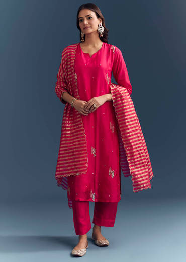 Pink Silk Kurta Set With Zari And Gota Work