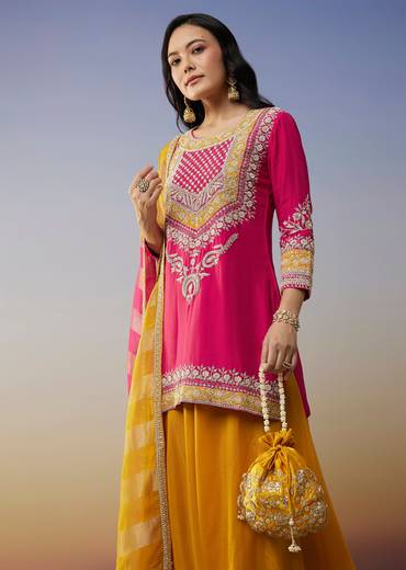 Pink Silk Palazzo Suits with Moti Zardosi Work