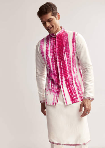 Pink Silk Tie-Dye Kurta Jacket Set For Men With Sequin Work