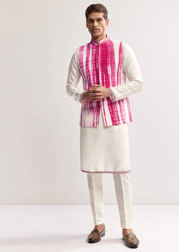 Pink Silk Tie-Dye Kurta Jacket Set For Men With Sequin Work