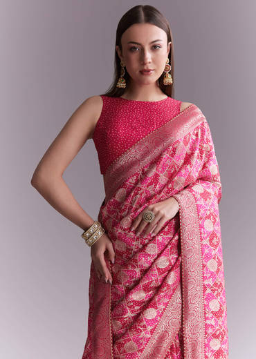 Pink Silk Woven Saree With Jaal Work And Floral Motifs