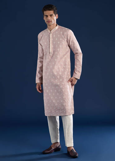 Pink Straight Kurta Set in Jacquard