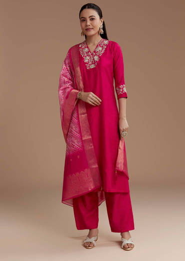 Pink Straight Silk Kurta Set with Zari Work