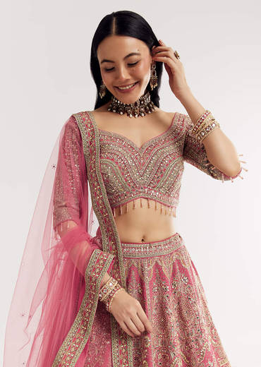 Pink Sweetheart Neck Georgette Cutdana Stonework Lehenga With Net Dupatta