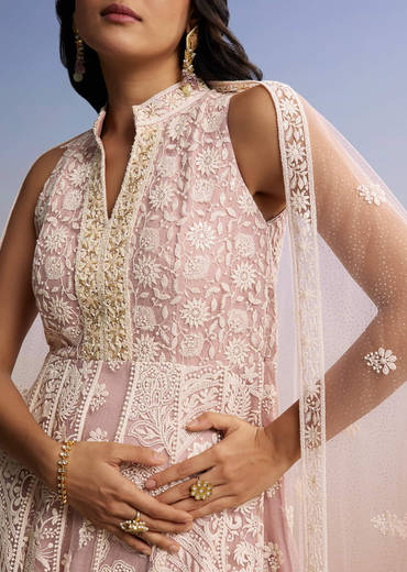 Pink Threadwork Anarkali With Dupatta