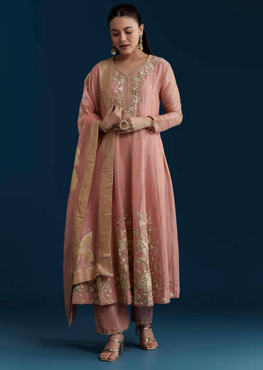Pink Tissue Anarkali Set with Zardozi Work