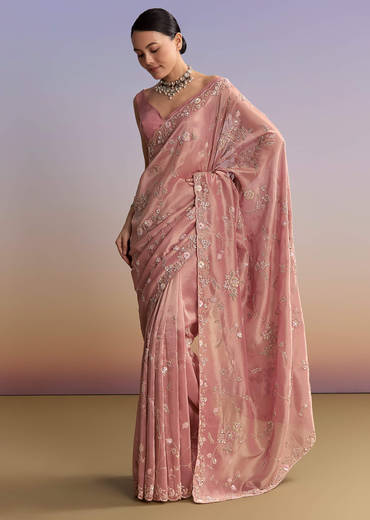 Pink Tissue Embroidered Saree With Cutdana And Jaal Work