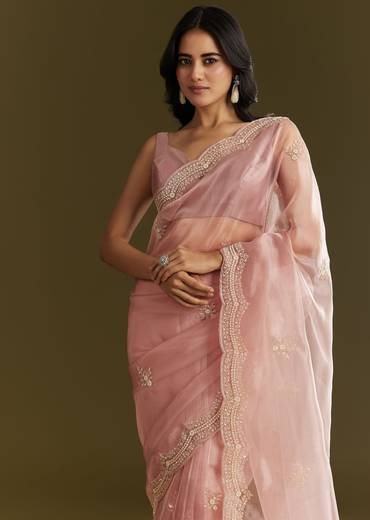 Pink Tissue Embroidered Saree With Cutdana Sequins And Moti