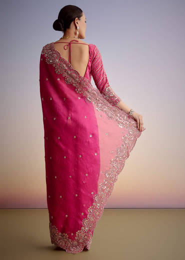 Pink Tissue Floral Embroidered Saree With Scallop Border