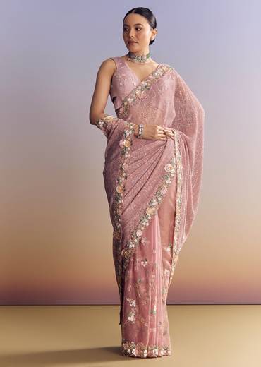 Pink Tissue Half And Half Saree With Floral Sequin Embroidery