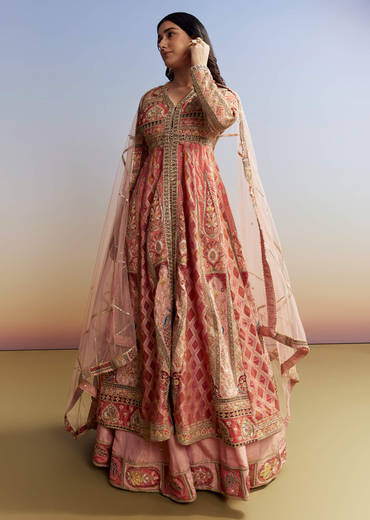 Pink Tissue Kurta Lehenga Set