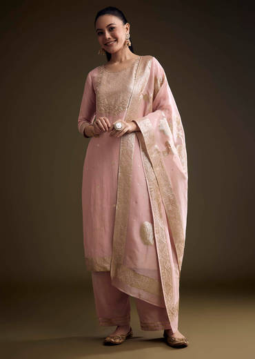 Pink Tissue Kurta Set With Zardosi Work And Banarasi Weave