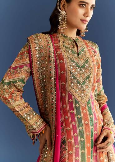 Pink Tissue Kurta With Organza Palazzo And Dupatta