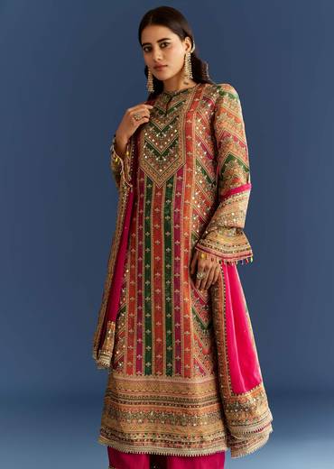 Pink Tissue Kurta With Organza Palazzo And Dupatta