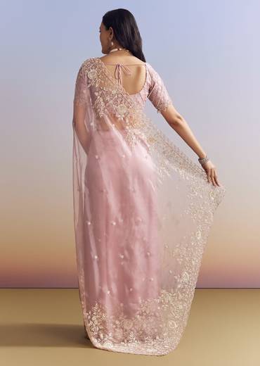 Pink Tissue Saree Adorned With Scallop Border And Heavy Embroidery