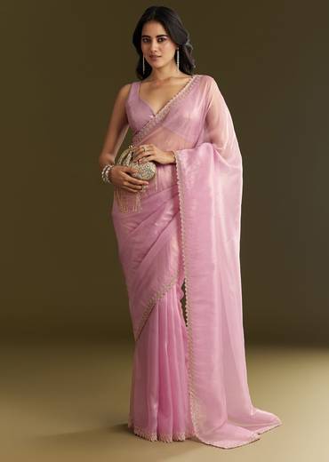 Pink Tissue Saree With All Over Stone Embellishment And Cutdana Scallop Border