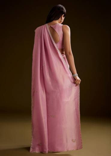Pink Tissue Saree With Cutdana Embroidery And Scallop Border