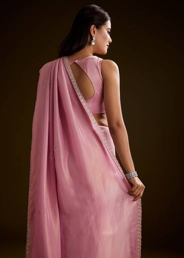 Pink Tissue Saree With Cutdana Embroidery And Scallop Border