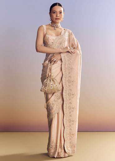 Pink Tissue Saree With Scallop Border