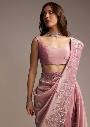 Pink Tissue Saree with Sequins and Cutdana Embroidery