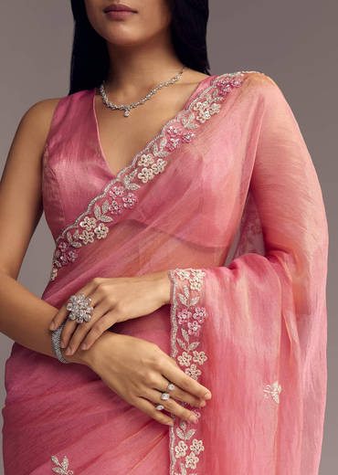 Pink Tissue Saree With Sequins And Floral Border