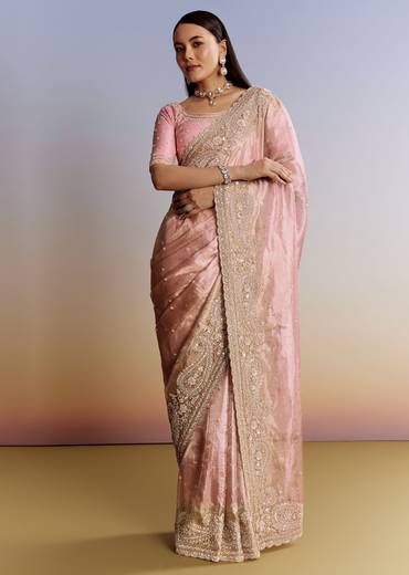 Pink Tissue Saree With Zardosi Moti And Cutdana Blouse