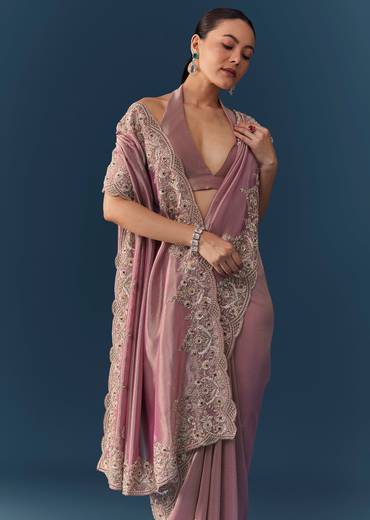 Pink Tissue Silk Embroidered Saree with Blouse Fabric