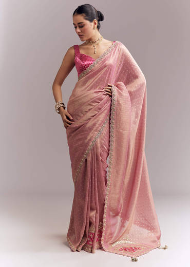 Pink Tissue Silk Saree With Delicate Hand Embroidery