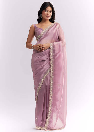 Pink Tissue Silk Saree With Heavy Hand Embroidery