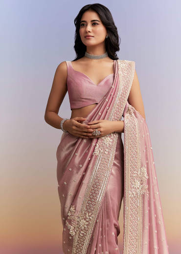 Pink Tissue Silk Saree With Heavy Hand Work
