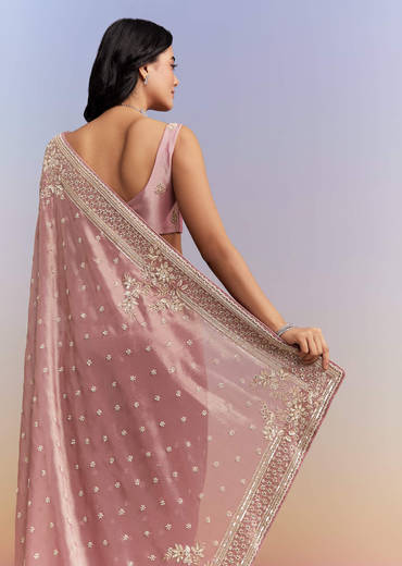 Pink Tissue Silk Saree With Heavy Hand Work