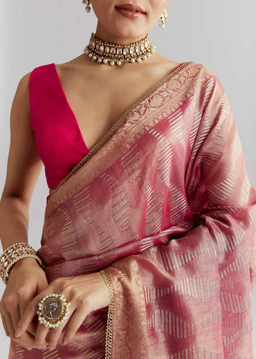Pink Tissue Silk Woven Saree With Weavy Motif Embroidery