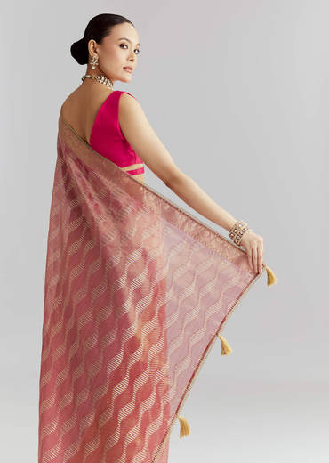 Pink Tissue Silk Woven Saree With Weavy Motif Embroidery